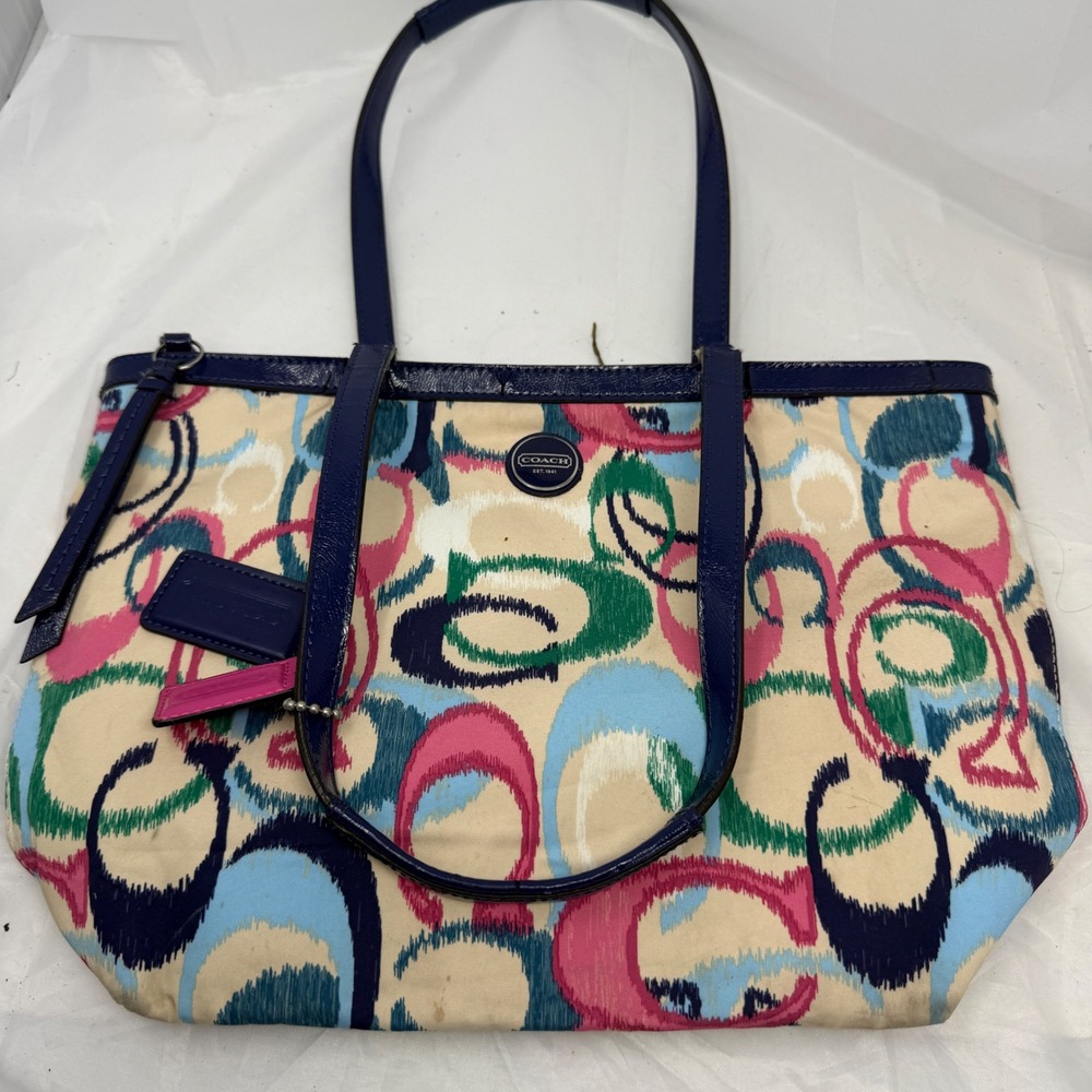 Coach Taylor Eyelet Ikat Tote Bag Multicolor Purple Patent Leather F24450